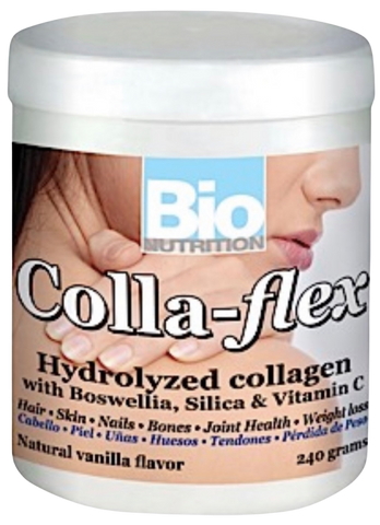 Jar of Bio Nutrition Colla-flex supplement with a close-up of hands on the label.