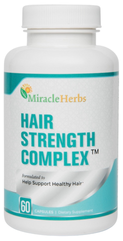 Bottle of Miracle Herbs Hair Strength Complex on a white background