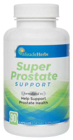 Supplement bottle labeled 'Super Prostate Support' by Miracle Herbs on a white background